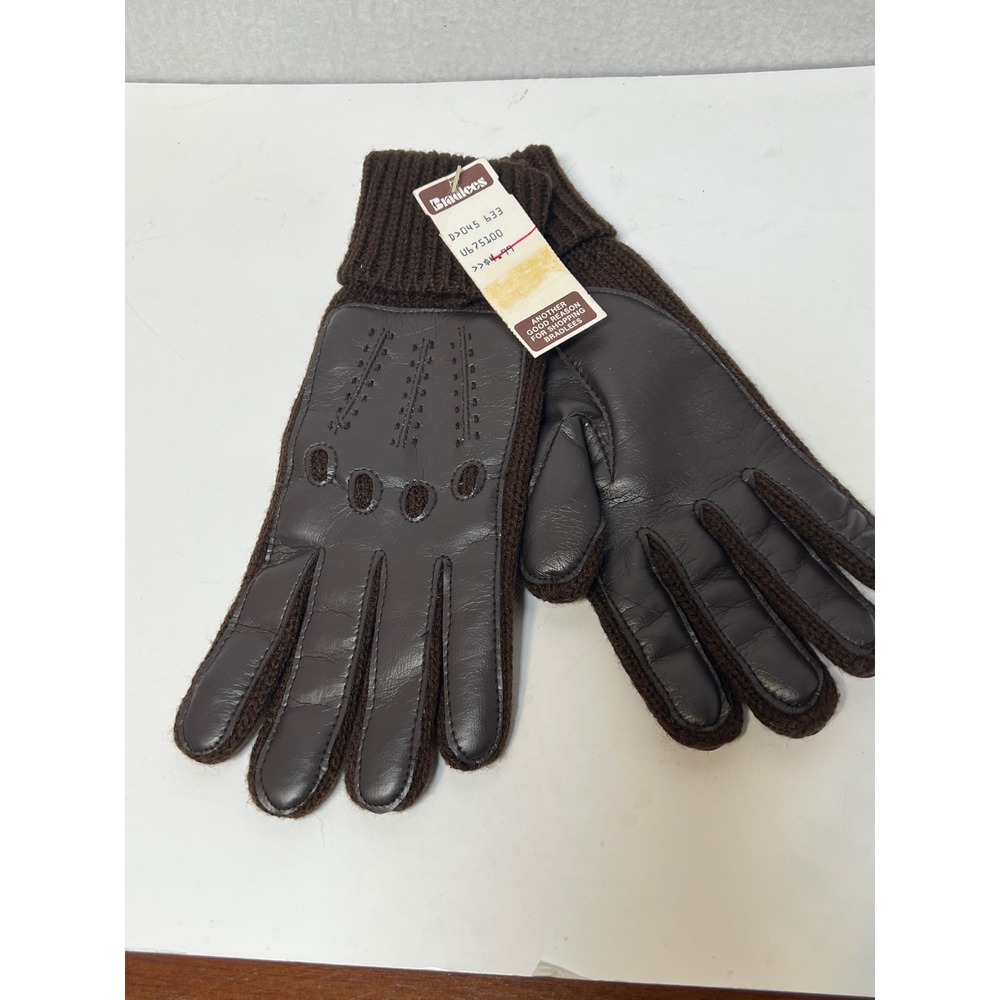 Bradlees Mens Gloves Vintage Knit Leather Palm OS Brown Winter Mittens Vintage